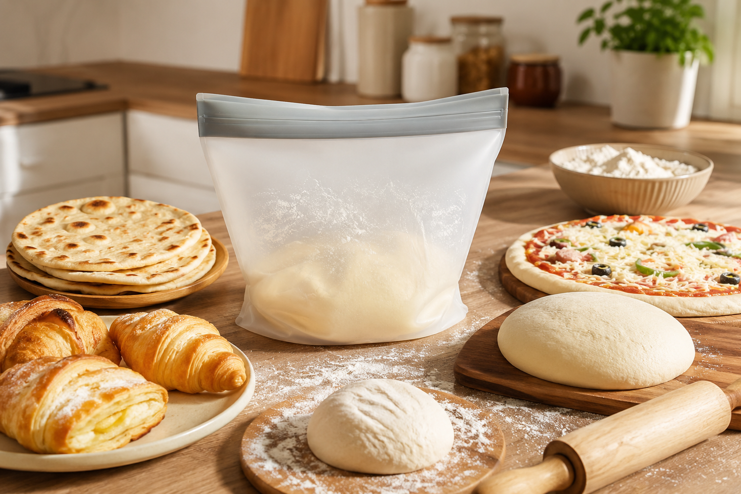 A translucent silicone baking bag filled with dough sits on a wooden kitchen counter surrounded by breads, pastries, pizza, flour, and a rolling pin.